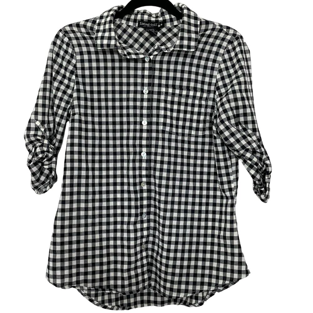 Living‎ Doll Gingham Plaid Shirt Top Button Front Roll Tab 3/4 Sleeve Black M